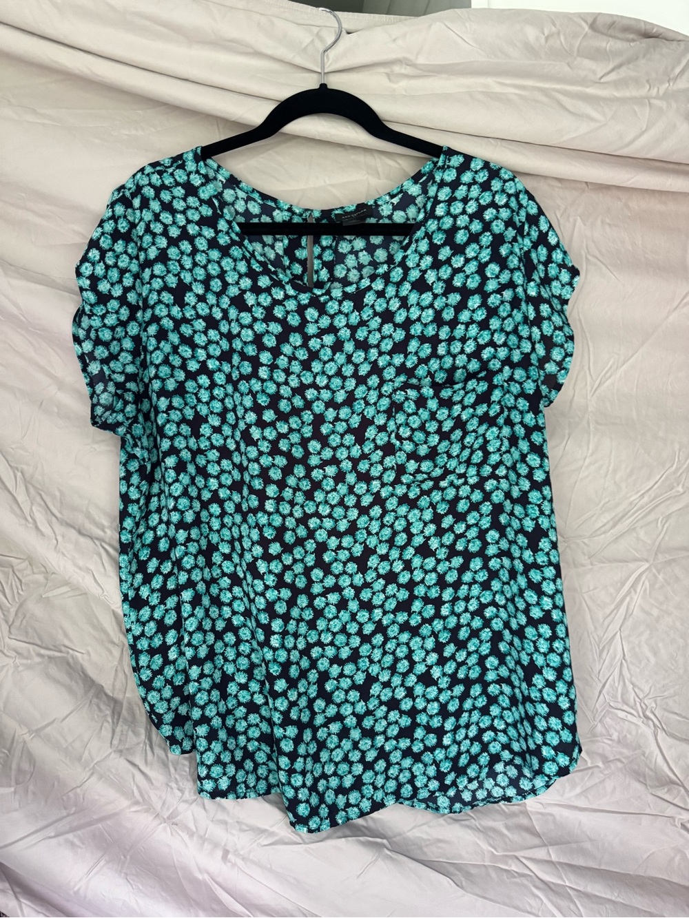 Ann Taylor Black & Teal Floral Short Sleeve Blouse